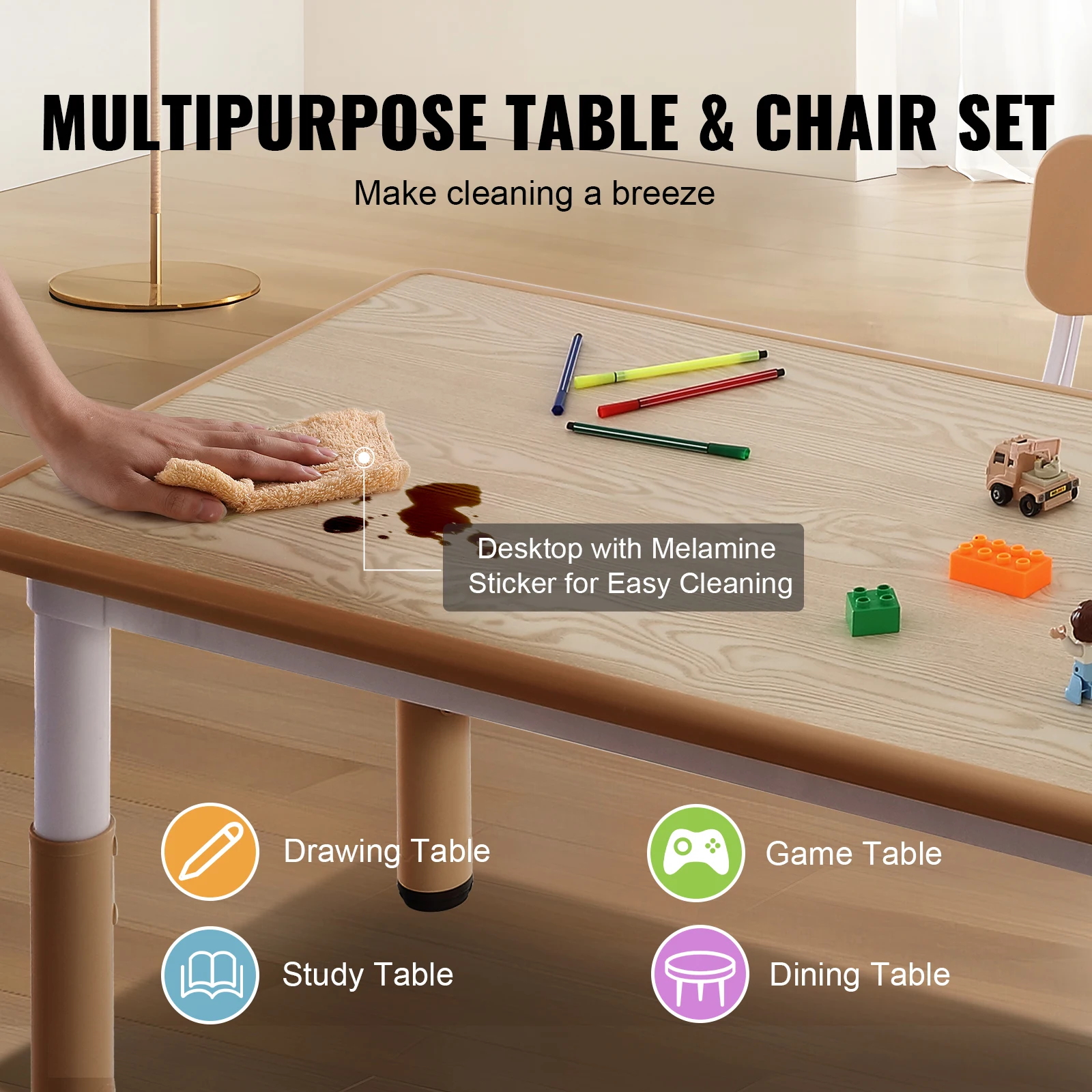 VEVOR Kids Table and 4 Chairs Set Height Adjustable Toddler Table and Chair Multi-Activity Table for Art Craft Reading Learning - Image 2