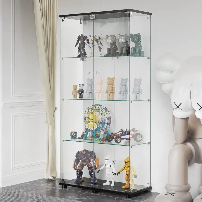 Glass Display Cabinet with 4 Shelves, Double Doors, Floor Standing Display Cage, for Living Room Bedroom Office, Black