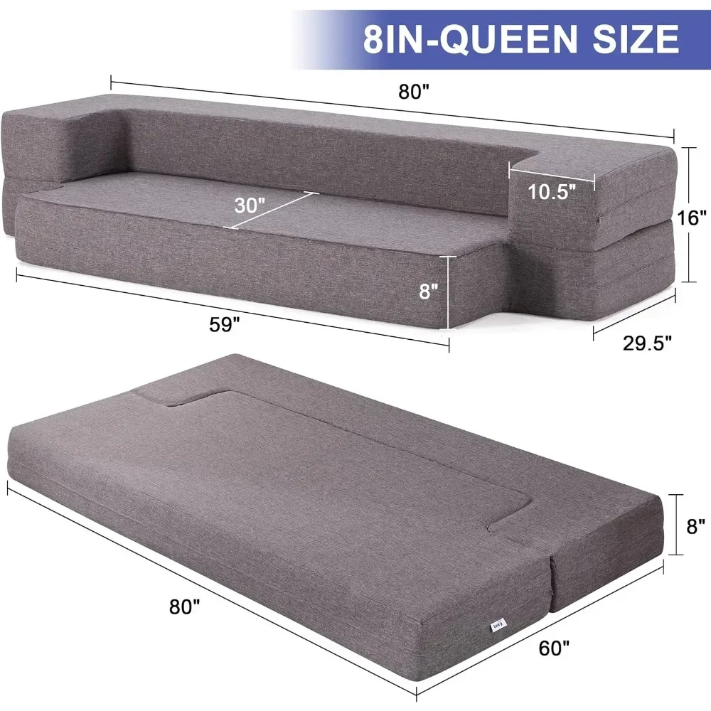 , Fold Out Couch Bed with 2 Pillows & Washable Cover Convertible Sleeper Folding Sofa Bed Mattress Queen - Image 2