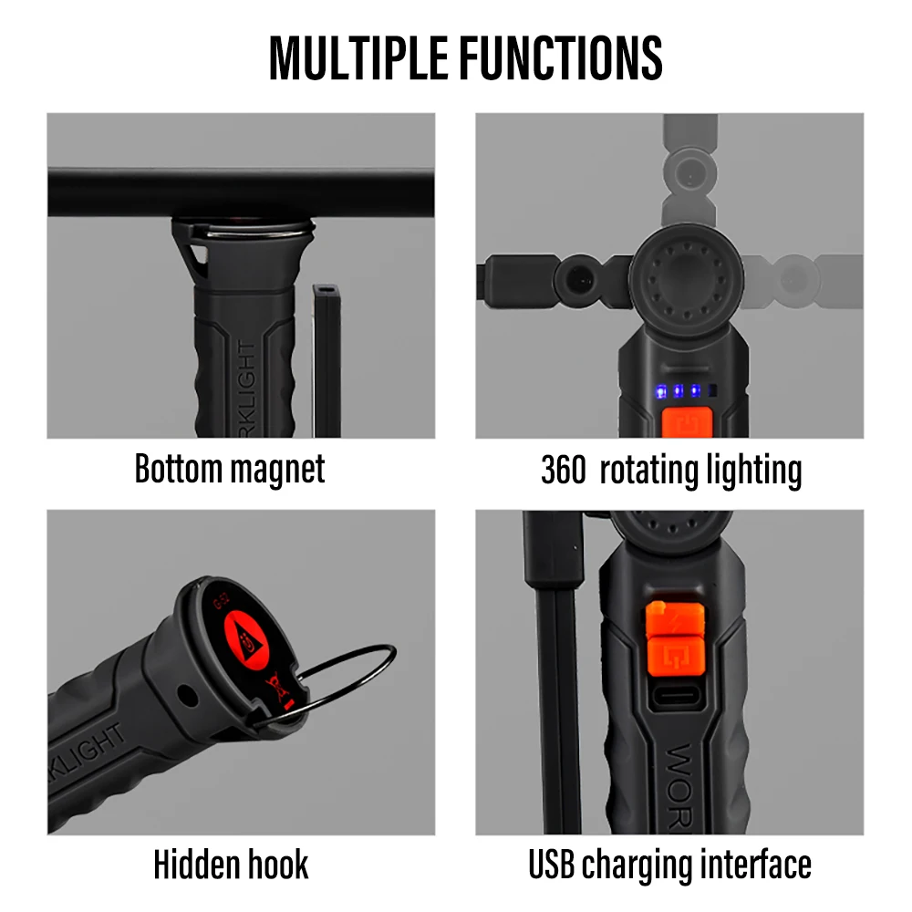 Rechargeable Camping LED Flashlight Work Light with Magnet and Hook IP64 Waterproof 5 Lighting Modes Suitable for Night Work - Image 5