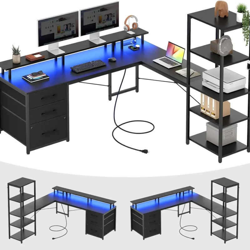 Shaped Gaming Desk, Reversible 55” Corner Computer Desk with 3 Fabric Drawers and Storage Shelves, Black Gaming Desk