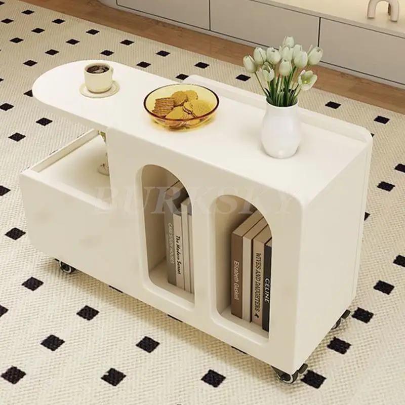 Mobile Coffee Table Side Table For Living Room Furniture Modern Cabinets Cream Style Storage Sofa Table With Trolley - Image 2