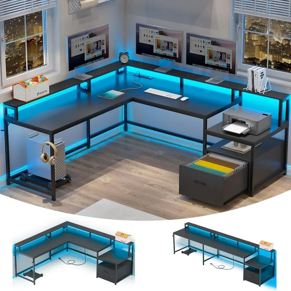 Computer Desk, L Shaped Gaming Desks, with File Drawer & Power Outlet, with Led Lights, Monitor Shelf, Computer Desk