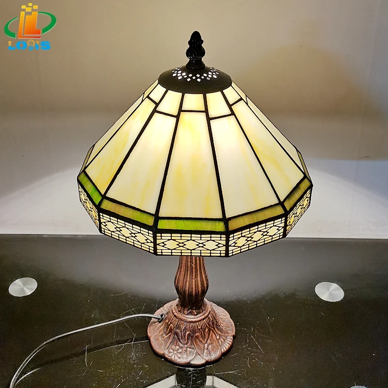 20CM Scandinavian Minimalist Geometric Mesh Small Table Lamp Tiffany Style Study Old-fashioned Glass Antique Gift Metal Base E27 - Image 2