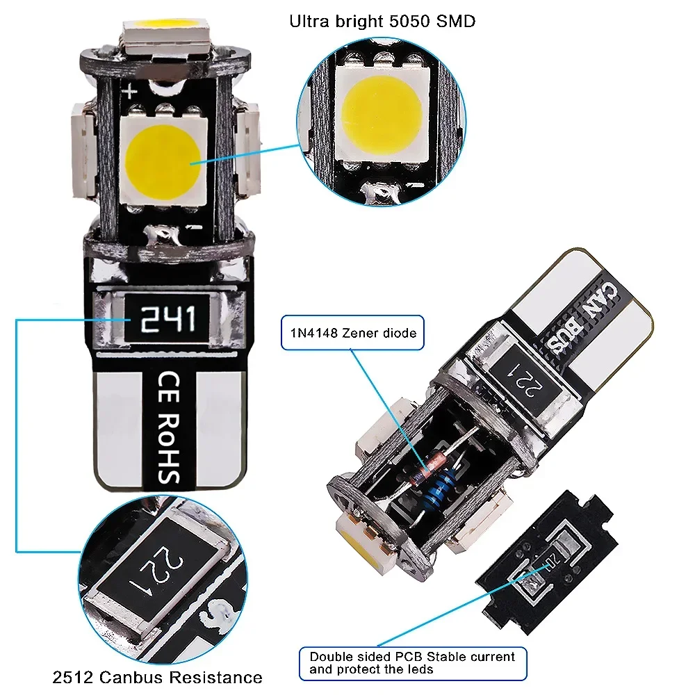 2Pcs LED Canbus 5050 5SMD Auto Lights No Error DC 12V Bulbs White Blue Red Reading Tail Lamp Door Turn Signal Marker Interior - Image 4