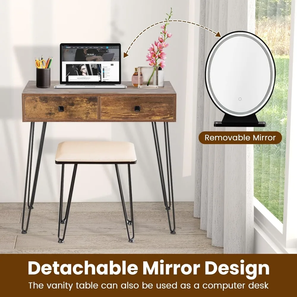 Makeup Table with Illuminated Mirror, 3 Color Lighting Modes, Adjustable Brightness, 2 Large Drawers and Acrylic Storage Box - Image 6