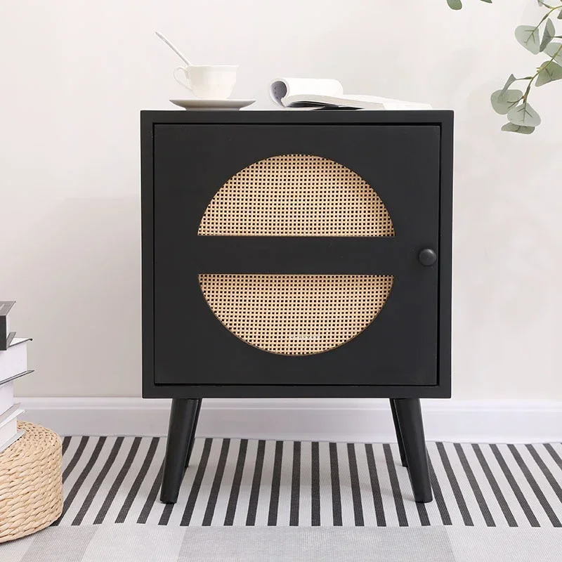 Nordic Wooden Nightstands Household Imitation Rattan Bedside Table Modern Simple Storage Side Cabinet Japanese Bedroom Furniture
