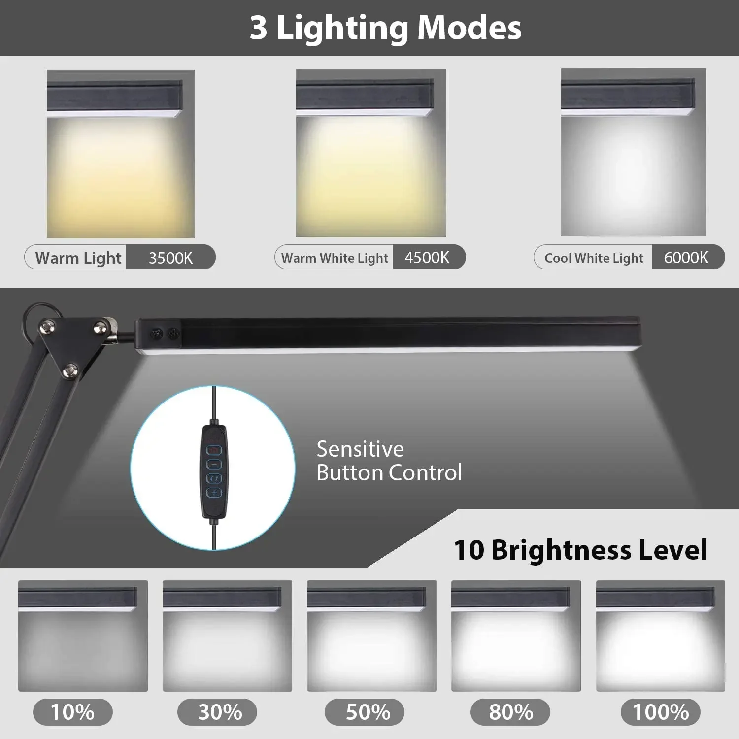 A LED Desk Lamp,Adjustable Metal Swing Arm Desk Lamp with Clamp,Eye-Caring Architect Desk Light,3 Color Modes Function - Image 3