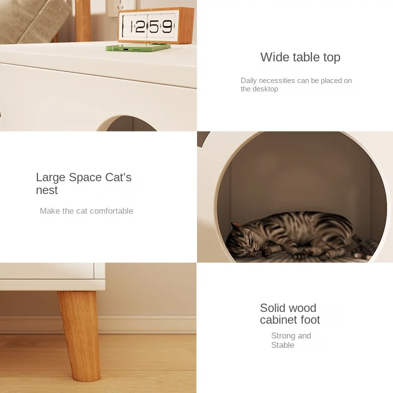 Functional Nightstand with Solid Wood Legs, Cat House, and Multiple Storage Compartments - Image 4