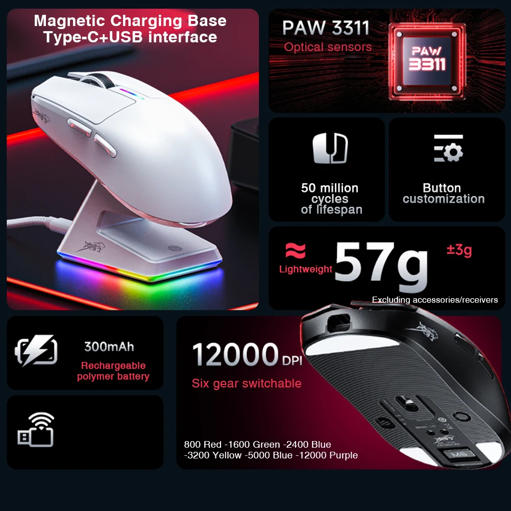 LB-M6 PAW3311 Bluetooth Mouse with Touch Magnetic Charging Dock 57g Ultra-Light 12000 DPI Triple Mode Gaming Mouse - Image 6