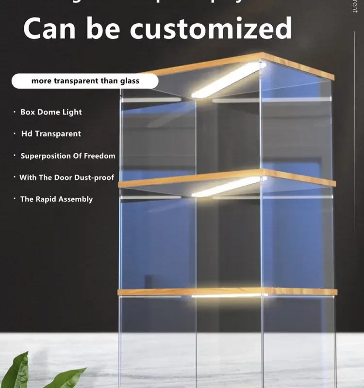 Customizable Size Acrylic Display Cabinet with Light Storage Box Building Block Model Display Case Clear Dustproof Display Box