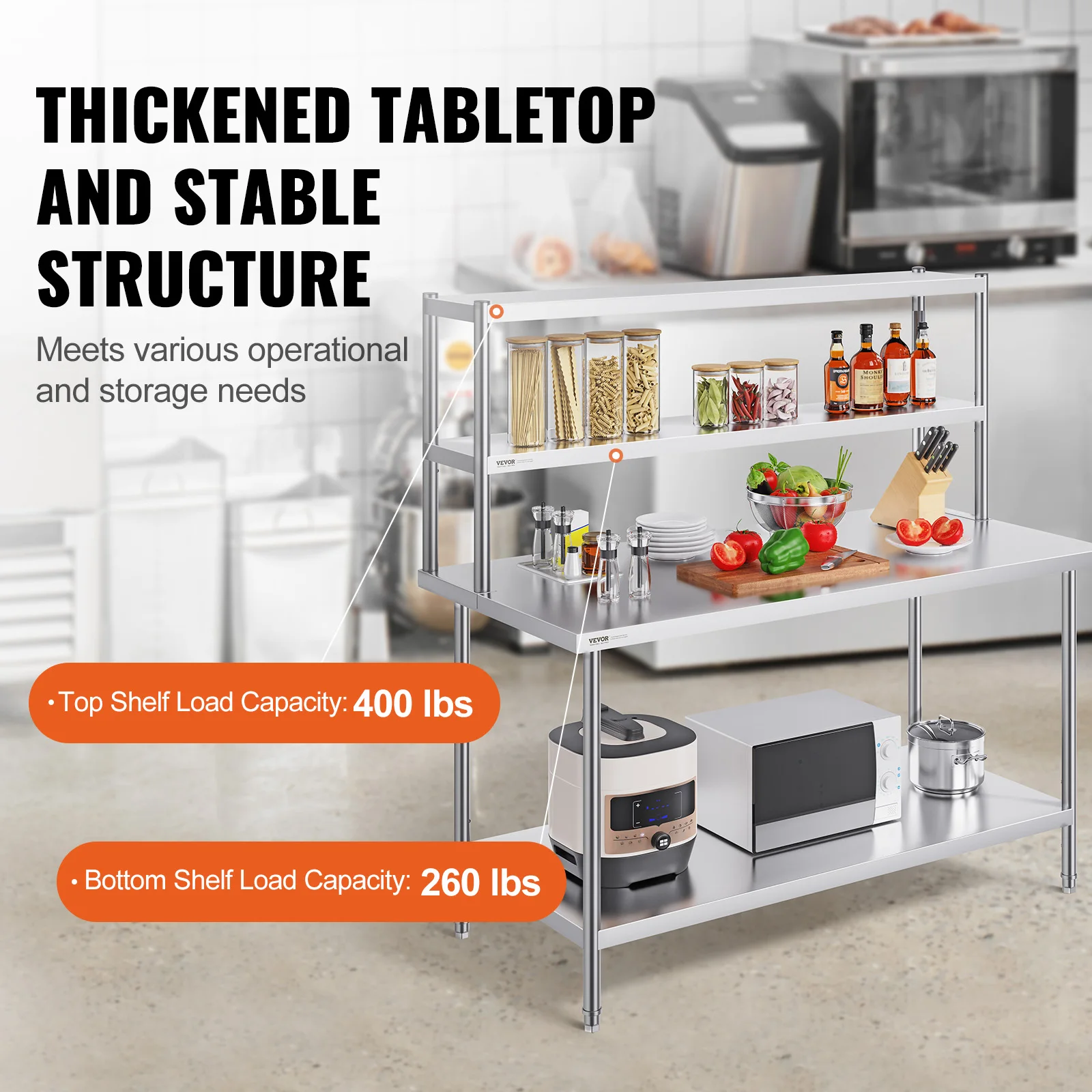 VEVOR Stainless Steel kitchen worktable Overshelf w/ Height Adjustable Overshelf Prep Work Table for Kitchen Restaurant Workshop - Image 3