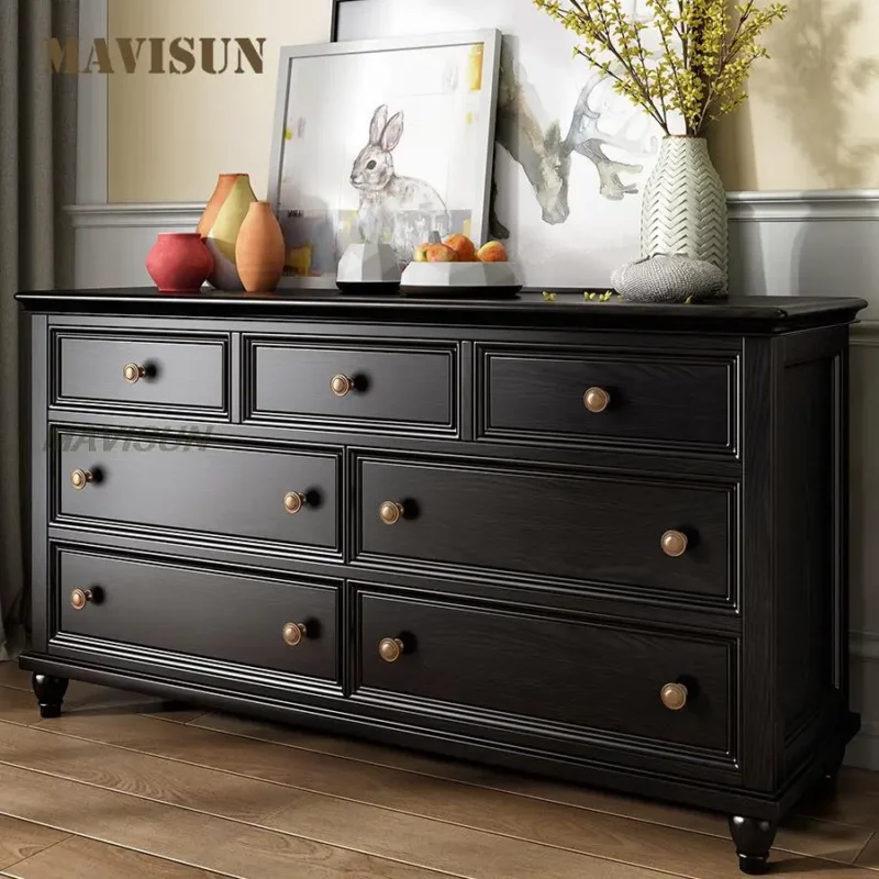 Black Medieval Retro Solid Wood Drawers Simple Living Room Kitchen Buffet Antique Small Apartment Cabinets Cupboards Display
