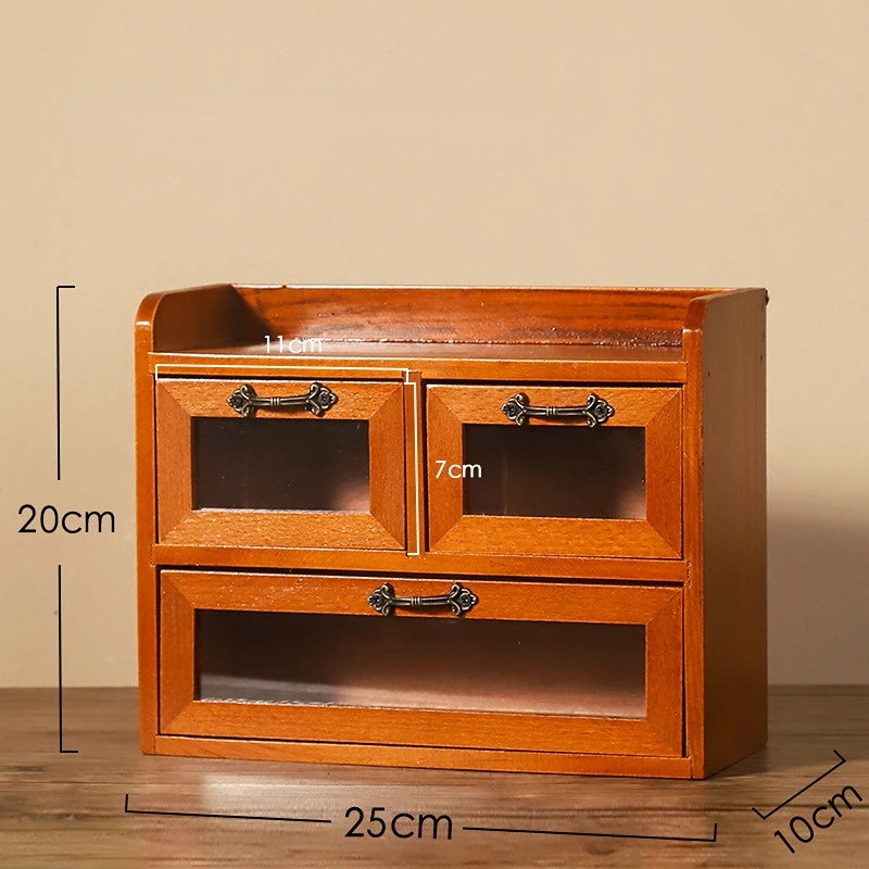 Desk Storage Drawer Retro Wooden Desktop Cosmetic Jewelry Organizer Multi-layer Dollhouse Furniture Figure Display Box Cabinet - Image 6