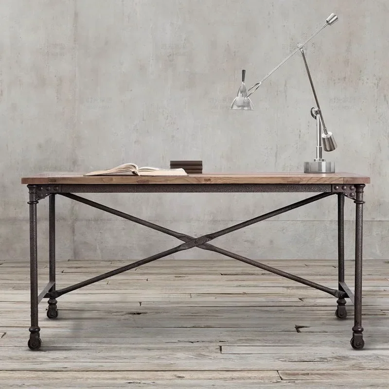 Industrial Style Iron Art Solid Wood Computer Desk Home Modern Simple Retro Desk Loft Table Painting Mesa Office Furniture Wall