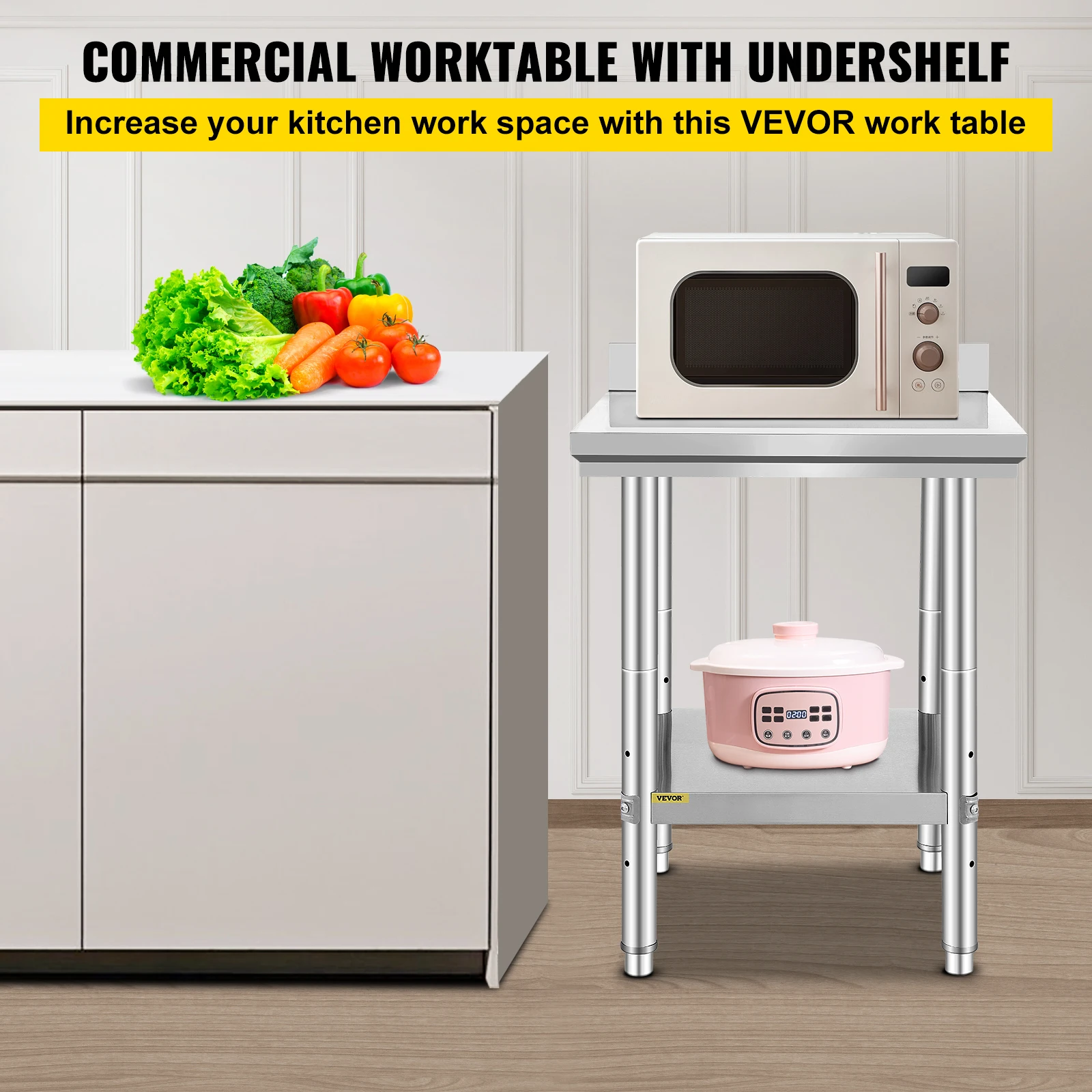 VEVOR Kitchen Work Bench Commercial Catering Table Worktable with Undershelf Stainless Steel 330LBS 286LBS for Restaurant Garage - Image 2