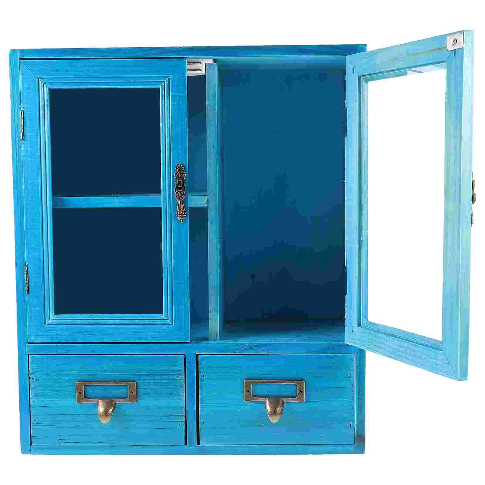 Bathroom Wall Cabinet Wooden Kitchen Storage Cabinet Wall Display Cabinet Glass Double Doors Two Small Drawers Laundry Room - Image 5