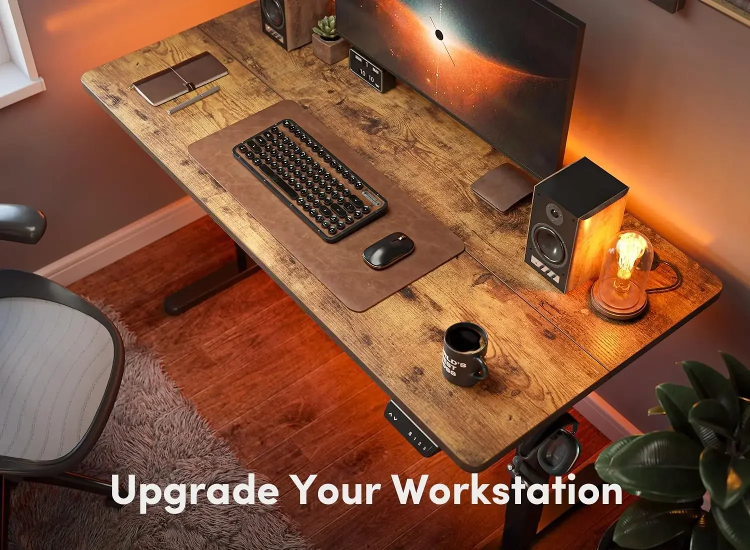 Height Adjustable Electric, 63 x 24 Inches Table, Sit Stand Home Office Desk with Splice Board, Black Frame/Rustic Brown Top - Image 4