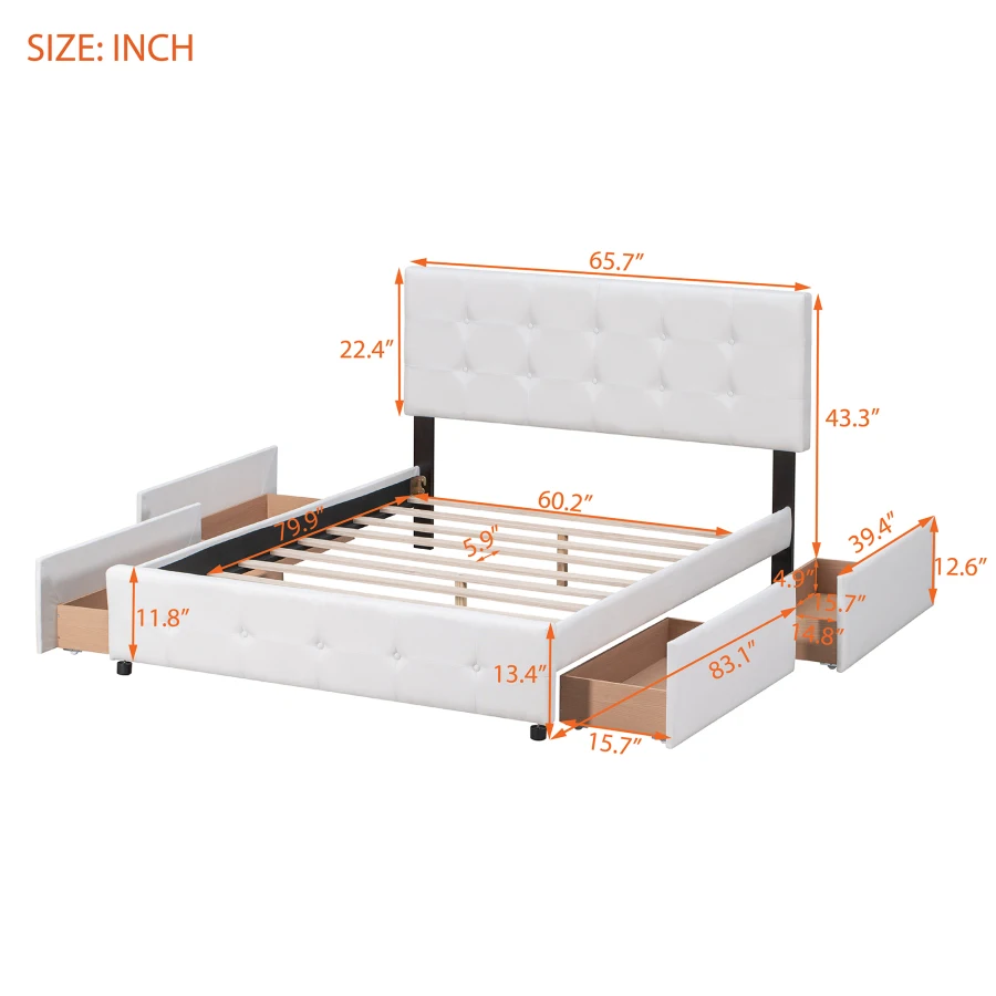 Upholstered Platform Bed with Classic Headboard and 4 Drawers, No Box Spring Needed, Linen Fabric, Queen Size White - Image 6
