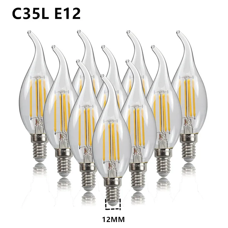 10PCS LED Filament Bulb E14 E27 E12 C35 C35L 220V 110 4W 6W Warm White Dimmable Glass 360 Degree Edison Retro Candle Light Blubs - Image 4
