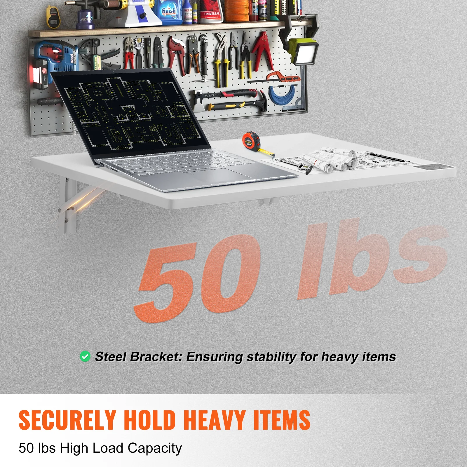 VEVOR Wall Mounted Folding Table Drop Leaf Floating Desk with Iron Bracket Fold Down for Home Office Room Kitchen Space-Saving - Image 3