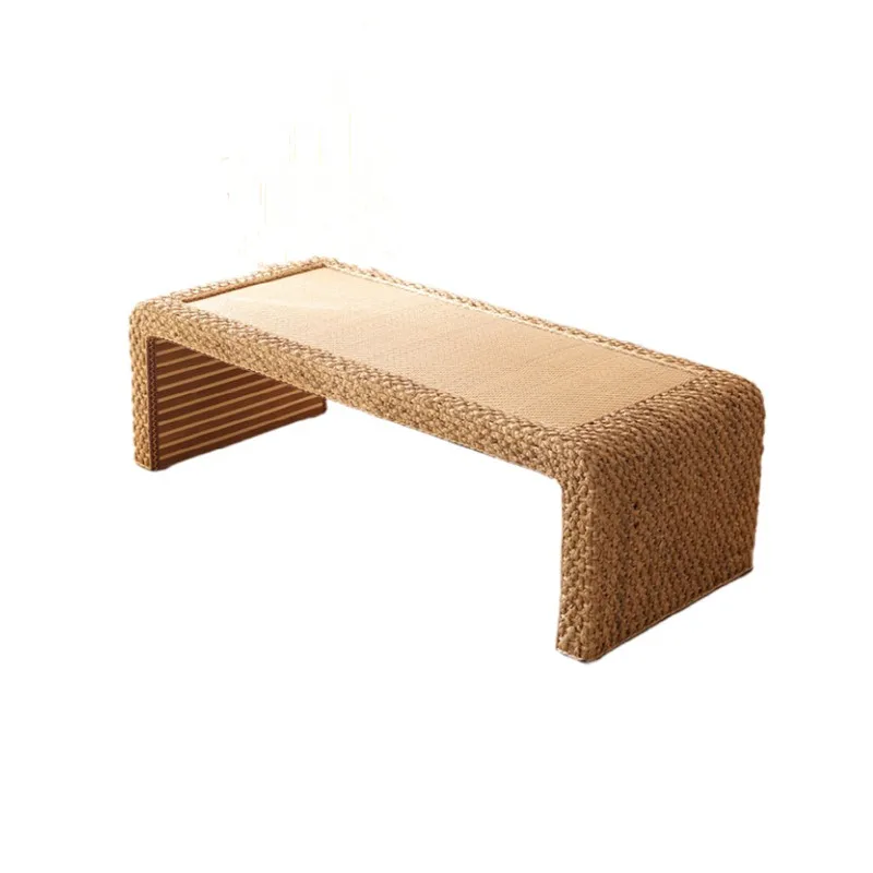 Handcrafted Tea Table for Sitting on The Floor Accent Furniture Japanese Style Rectangle Rattan Straw Coffee Table